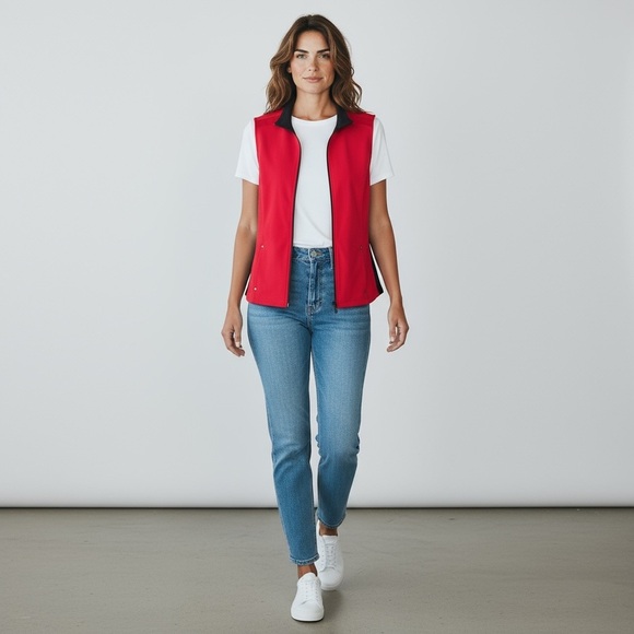 Womens Stretch Knit Zip Vest Red Weekends Chico’s sz 2 L 12 Valentines cozy - Picture 3 of 6